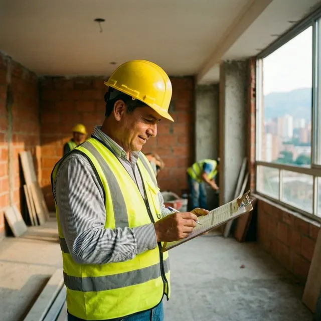 Director de obra verificando lista de chequeo en sitio