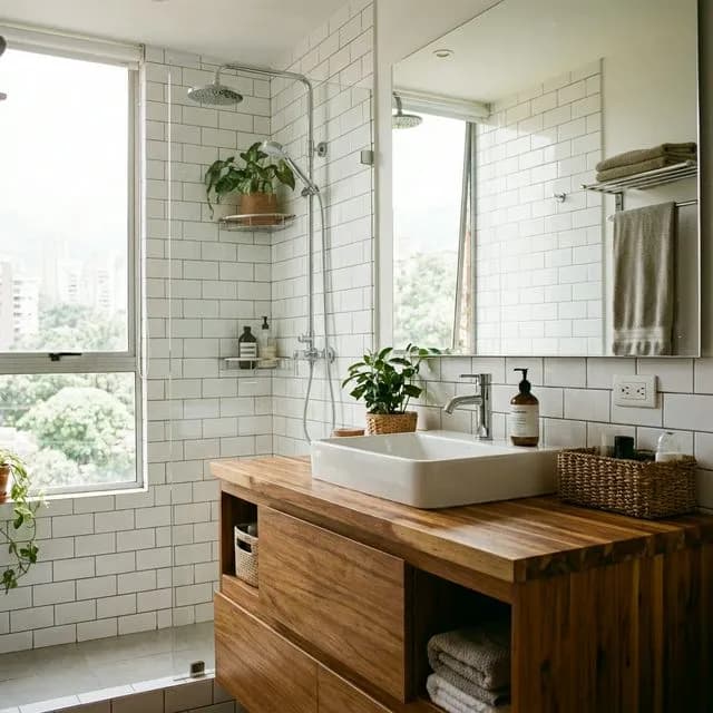 Ejemplo de baño moderno nivel intermedio con azulejos tipo subway y mueble de madera