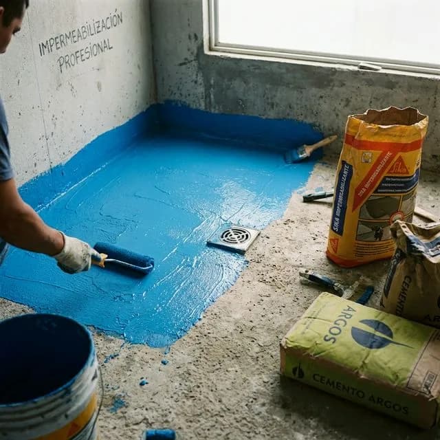 Proceso técnico de impermeabilización en piso de baño con membrana líquida azul