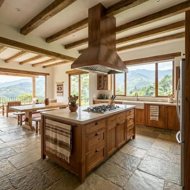 Cocina amplia con isla central en casa de campo en el Oriente Antioqueño