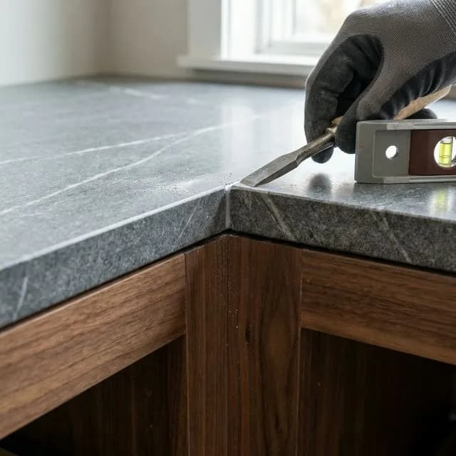 Detalle de instalación de mesón de granito y carpintería de madera