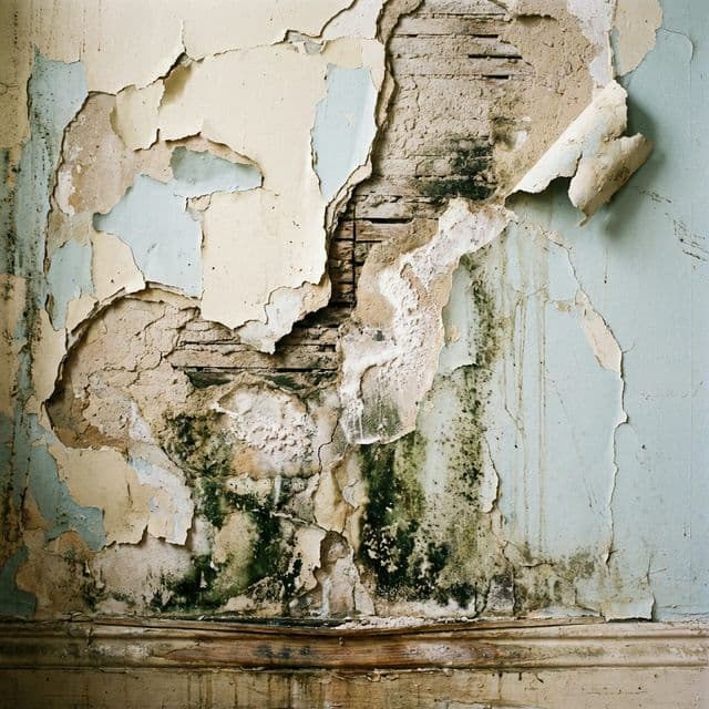 Pared con humedades y pintura descascarada en casa antigua