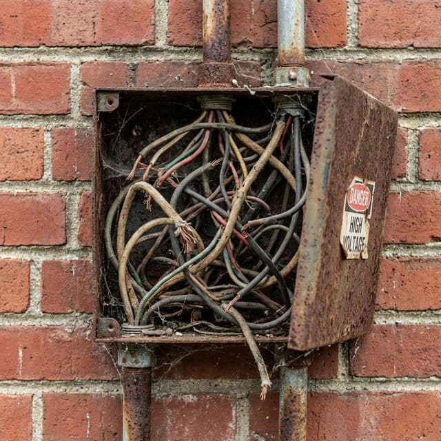 Caja eléctrica antigua con cableado desordenado y peligroso