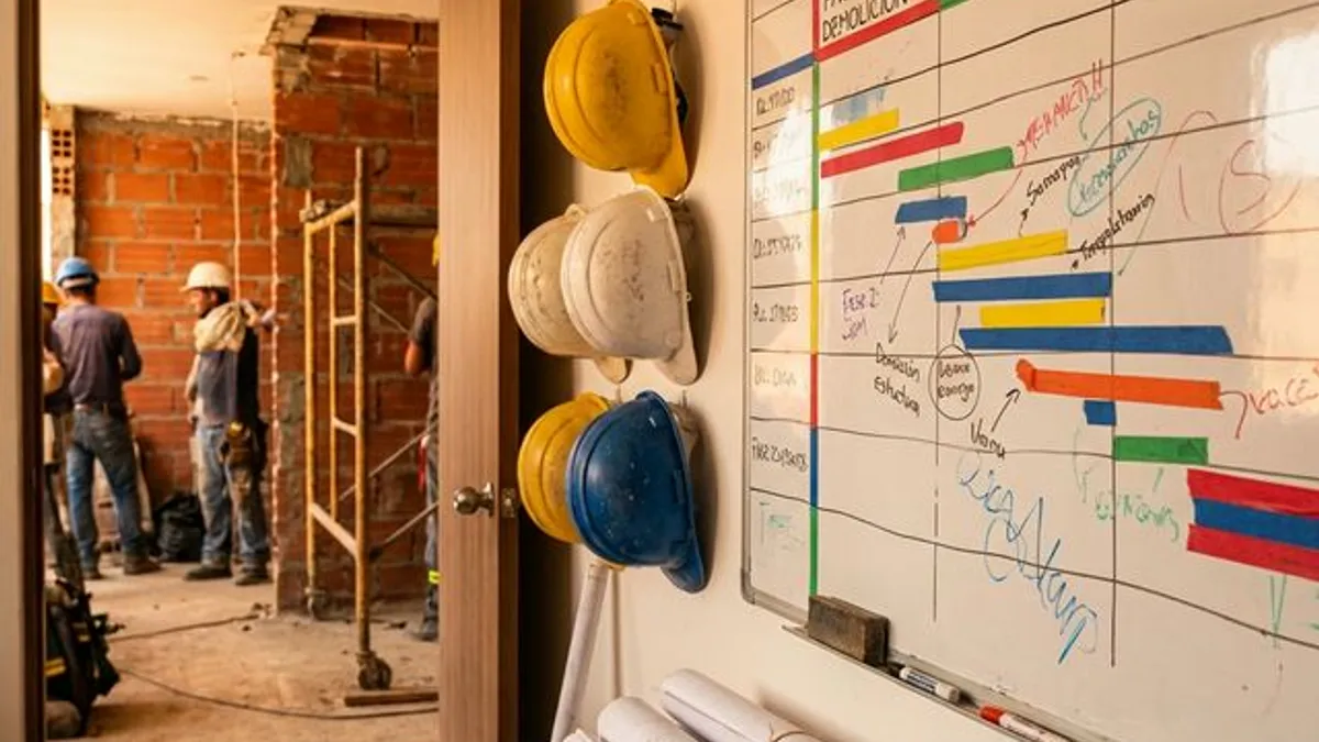 Tablero de cronograma de obra con fases de remodelación en sitio de construcción en Antioquia