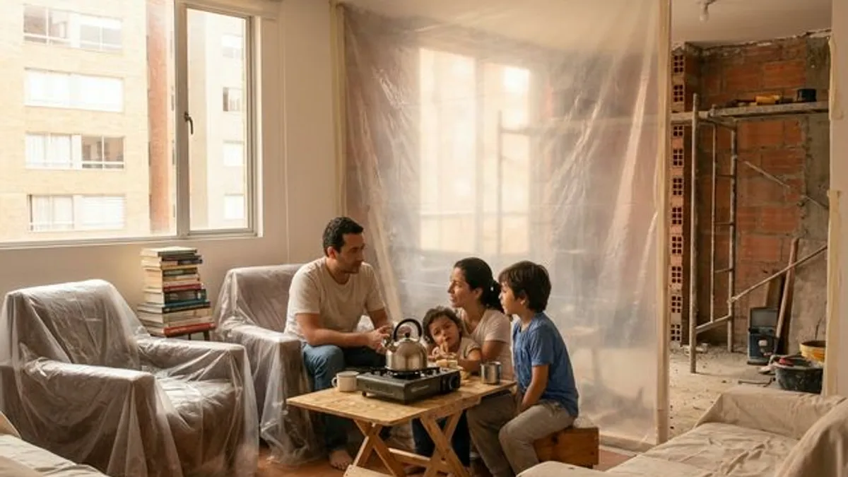 Familia colombiana conviviendo con obra de remodelación en apartamento en Medellín