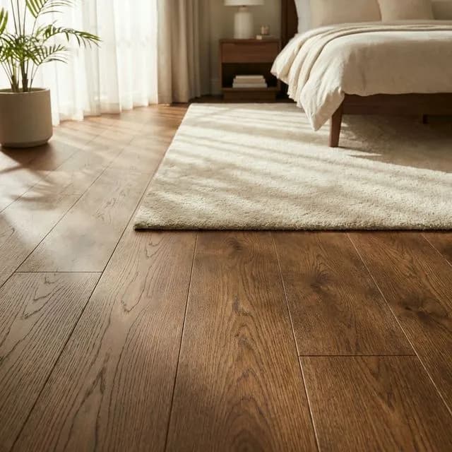 Detalle de piso de madera de ingeniería de alta calidad con veta visible