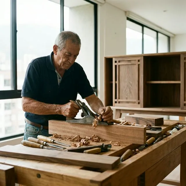Alt: Carpintero colombiano trabajando roble interior