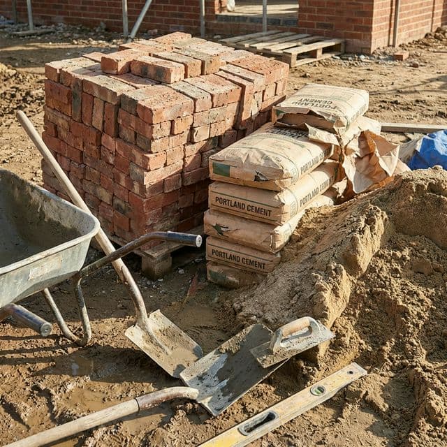Materiales de construcción básicos: ladrillo, cemento y arena
