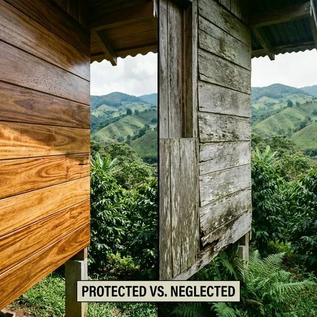 Alt: Comparativa madera tropical bien mantenida y deteriorada