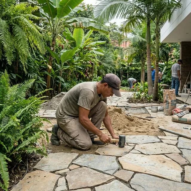 Alt: Trabajador instalando piedra natural en terraza exterior