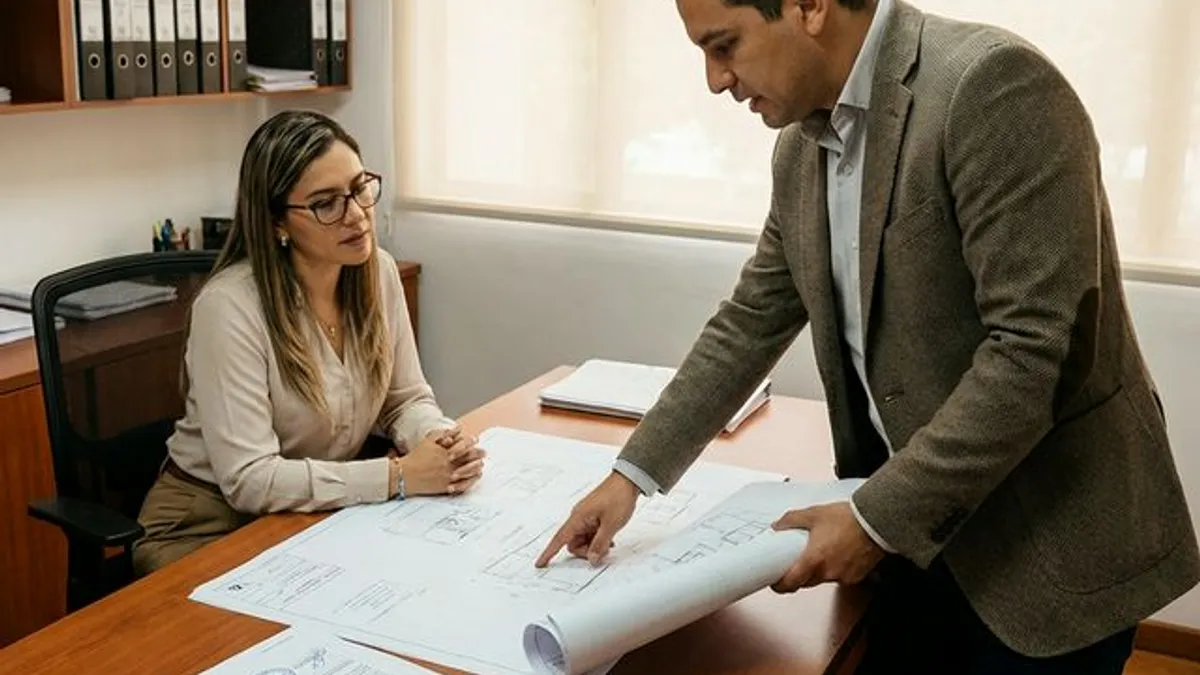 Arquitecto presentando planos ante curaduría urbana para trámite de licencia de remodelación en Antioquia