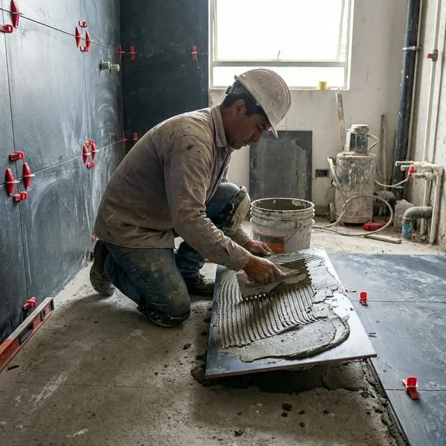 Alt: Trabajador instalando piso antideslizante en zona húmeda