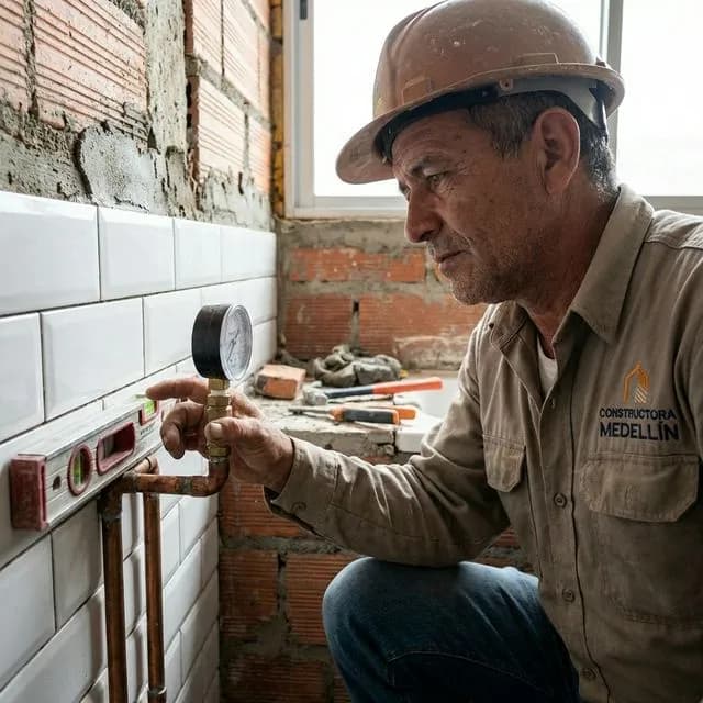 Inspección de calidad y nivelación en enchapes de baño durante remodelación