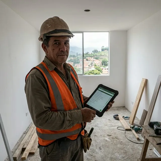 Maestro de obra revisando lista de chequeo de etapas de remodelación en tablet en apartamento en obra