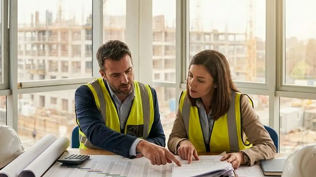 Discusión de cronograma de pagos y hitos de obra en oficina de construcción en Medellín