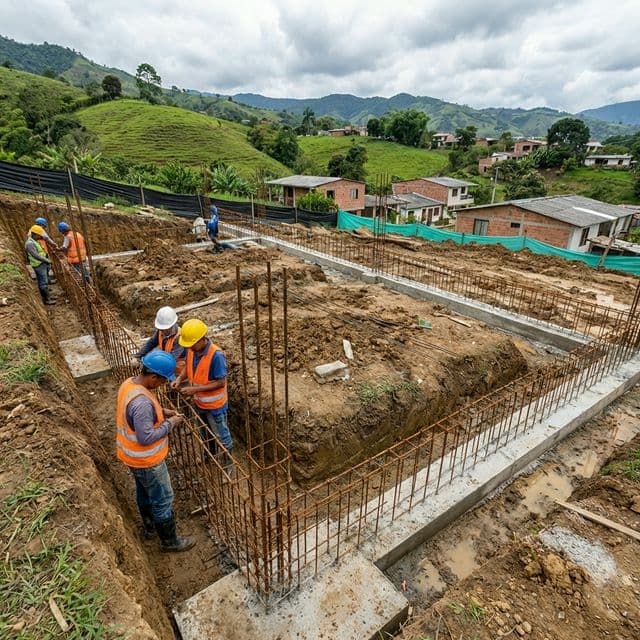 Construcción de cimentación nueva en lote con paisaje colombiano