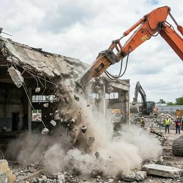 Maquinaria pesada realizando demolición de estructura de concreto