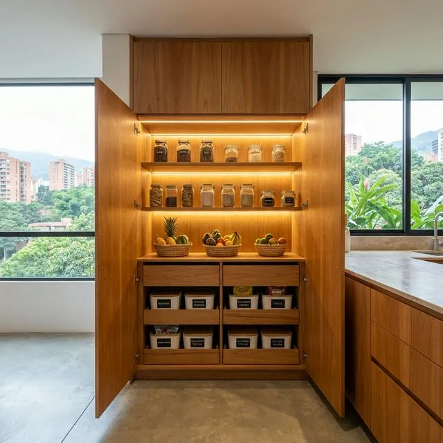 Despensa moderna organizada con iluminación LED y cajones de madera
