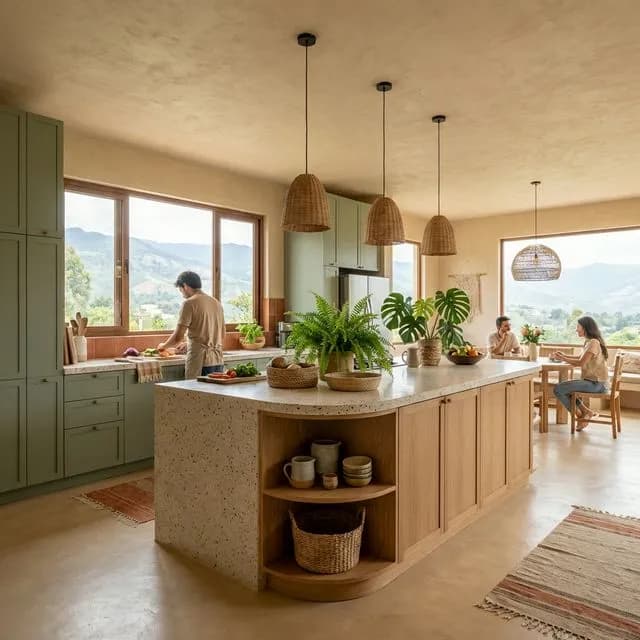 Cocina con gabinetes verde salvia y decoración cálida en casa campestre