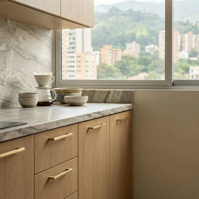 Encimeras de cuarcita y gabinetes de madera roble en cocina moderna en Medellín